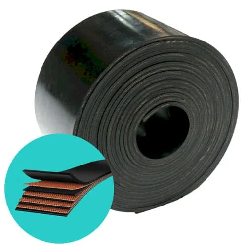 Gulungan rubber conveyor belt Durabelt EP125 hitam, dengan potongan yang memperlihatkan lapisan ply