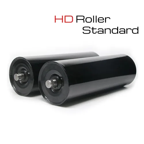 Dua roller conveyor heavy duty hitam dengan poros di kedua ujung